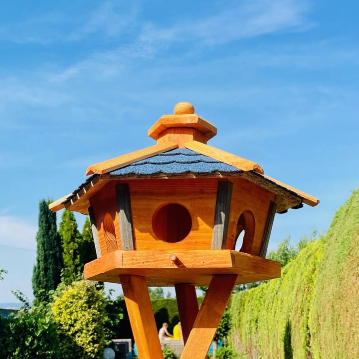 Vogel Futter Haus L oder XL Sechseck Holz Vogelhaus Futterstelle Braun/Blau, Rot, Schwarz und Grün (