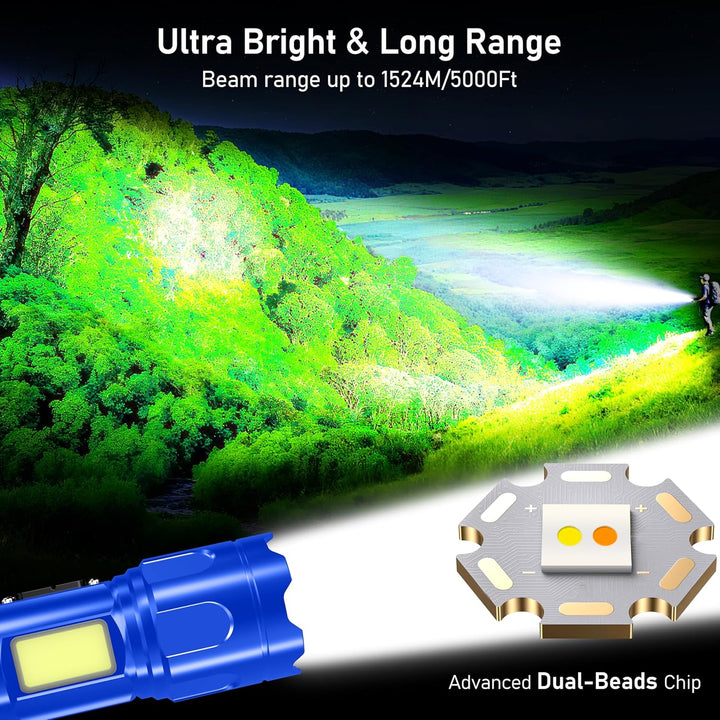 Blukar Taschenlampe LED 2 Farbtemperatur mit Hauptlicht & Seitlich COB-Licht, Aufladbar Extrem Hell