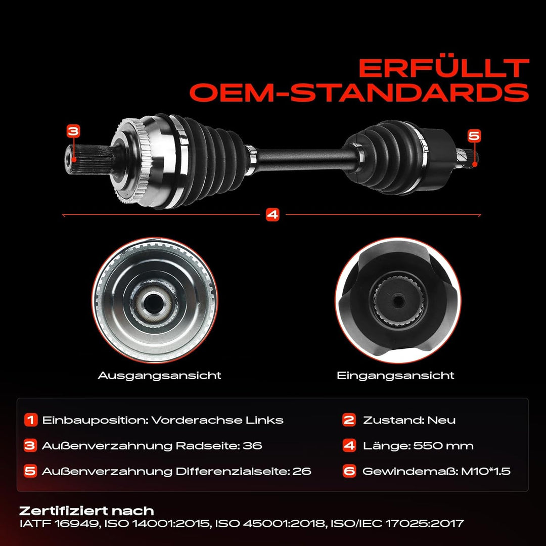 Frankberg 1x Antriebswelle Vorne Links Kompatibel mit S80 I TS XY 2.4L 1999-2006 Replace# 8251773
