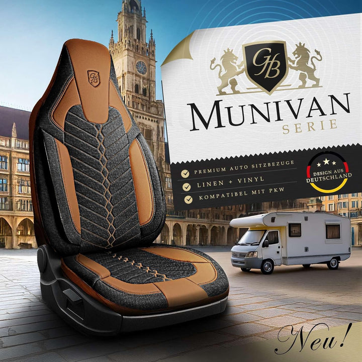 Autositzbezüge Universal für Wohnmobil & Caravan - Vordersitze Auto Sitzbezug aus Leinen, Schwarz-Te