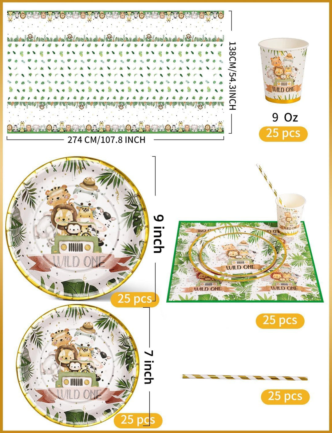 Dschungel Safari Partygeschirr Set 126 Stück Papier Teller Tassen Servietten Strohhalme für Wild One