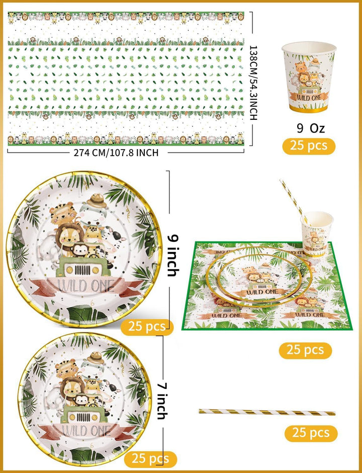 Dschungel Safari Partygeschirr Set 126 Stück Papier Teller Tassen Servietten Strohhalme für Wild One