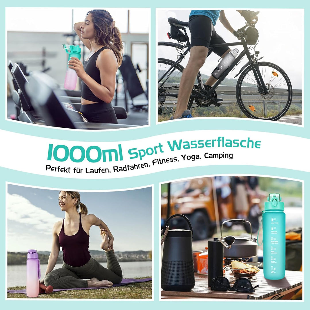 AOHAN Trinkflasche, 1l Wasserflasche BPA-Frei, Trinkflasche Sport Auslaufsicher, Sportflasche mit Ze