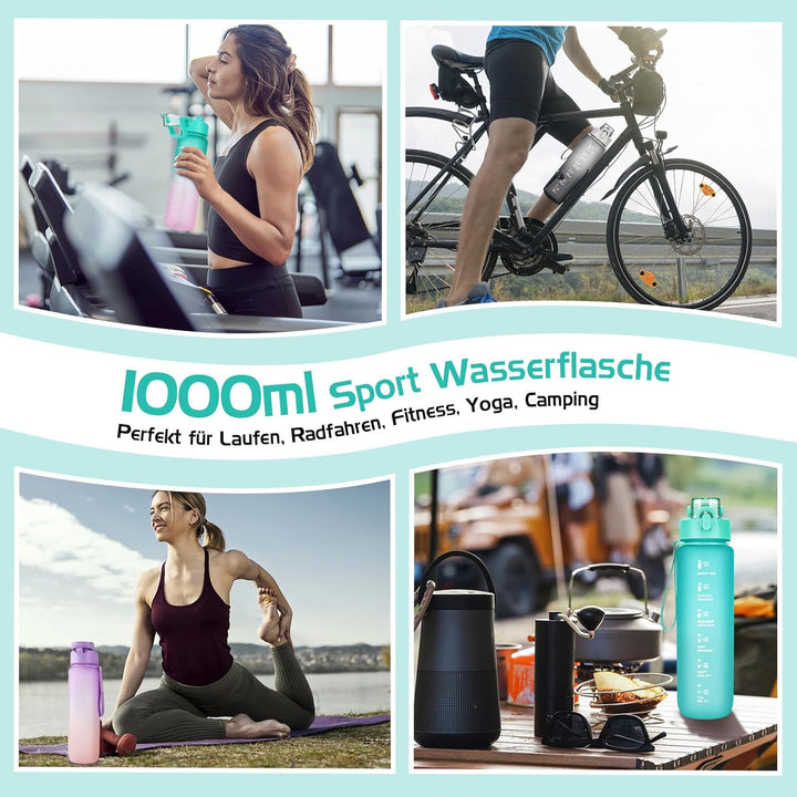 AOHAN Trinkflasche, 1l Wasserflasche BPA-Frei, Trinkflasche Sport Auslaufsicher, Sportflasche mit Ze