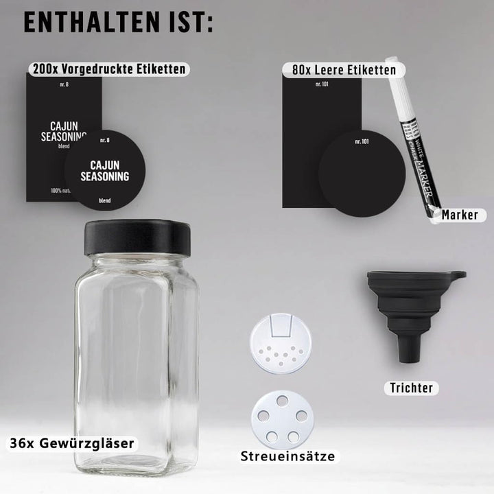 Deco haus® Gewürzgläser Eckig mit Gewürzetiketten Gewürzgläser mit Streueinsatz 36er Set - Gewürzdos