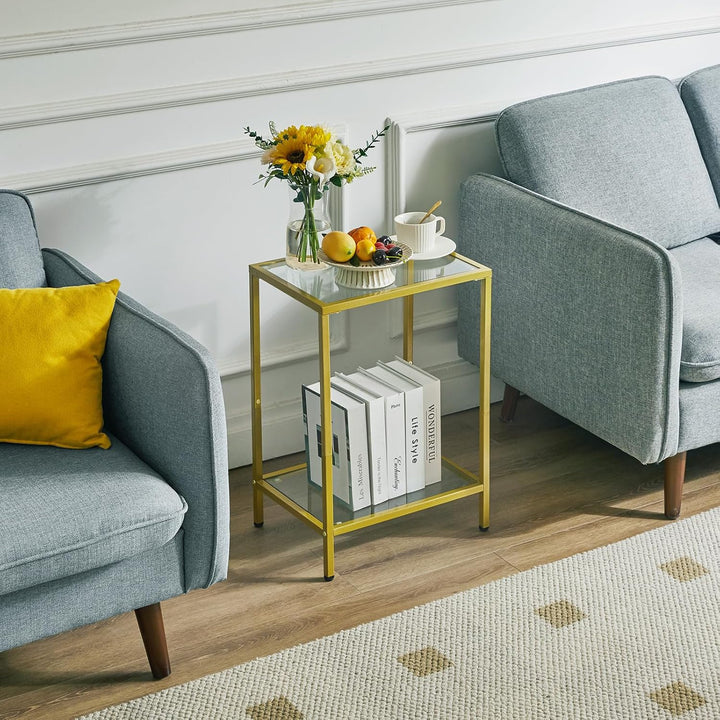 YMYNY Beistelltisch, Quadratischer Couchtisch, Sofatisch, Glastisch, Metallrahmen, aus gehärtetem Gl