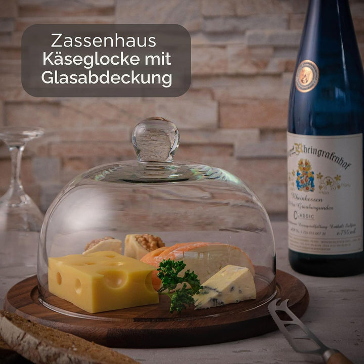 Zassenhaus Käseglocke | Glasglocke mit Holzboden aus Akazienholz | Rundes Käsebrett | Verwendbar als