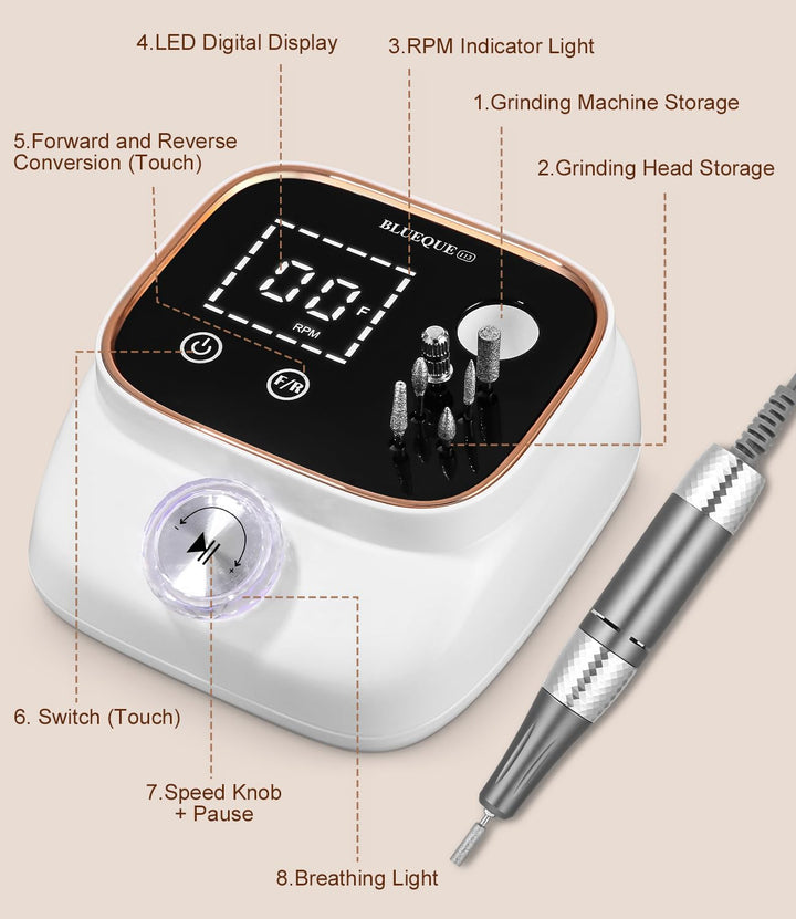 Elektrisch Nagelfräser, Professionelle Fräser für Gelnägel, 45000RPM, Elektrische Nagelfeile mit Lcd