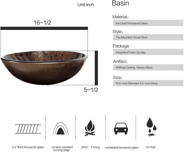 ARTETHYS Waschbecken Glas Aufsatzwaschbecken mit Wasserhahn Ablaufgarnitur, Round Waschschale Wascht