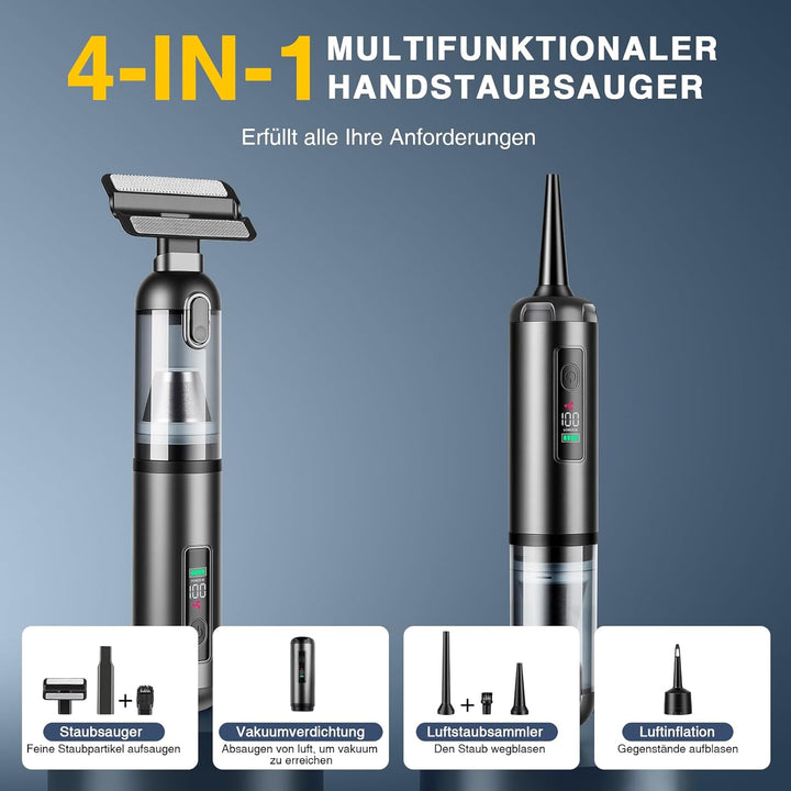 ERWEY Handstaubsauger, 16000Pa Akku Staubsauger Kabellos, 4-in-1 Multifunktionaler Autostaubsauger S