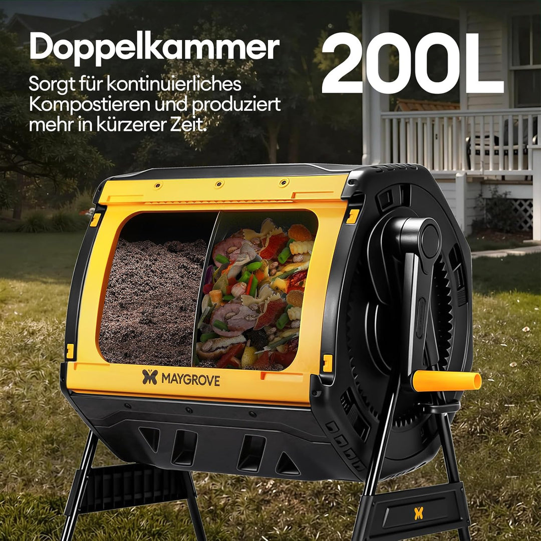Komposter Garten 200L Schnellkomposter mit 2 Grossen Kammern und Schiebetüren Trommelkomposter 360°-