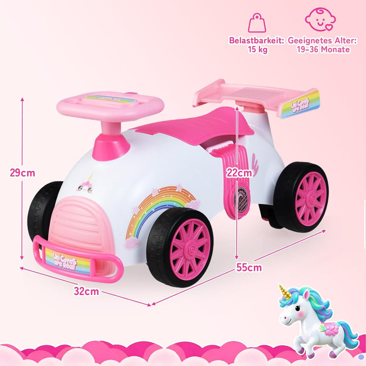 COSTWAY Rutschauto, Rutschfahrzeug im rosa Einhorn-Design, Kinderfahrzeug mit Musik & Stauraum unter