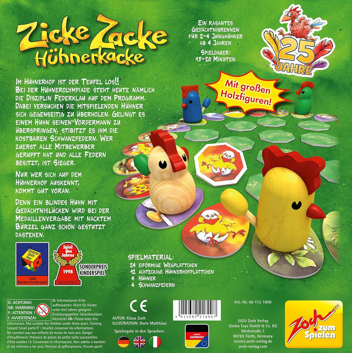 Zoch 601121800 Zicke Zacke Hühnerkacke – das rasante Gedächtnisrennen, Kinderspiel des Jahres 1998,