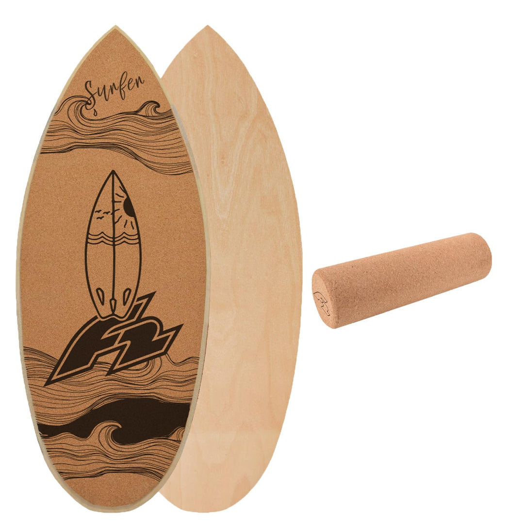 F2 Set Kork Balance Board Flat Shape + Korkrolle Modell wählbar Surf 74x30cm + Korkrolle, Surf 74x30