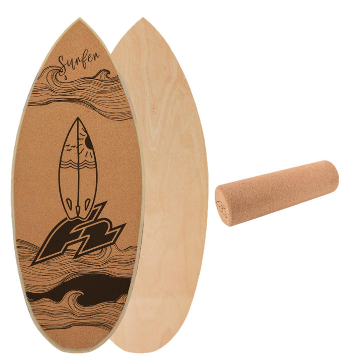F2 Set Kork Balance Board Flat Shape + Korkrolle Modell wählbar Surf 74x30cm + Korkrolle, Surf 74x30