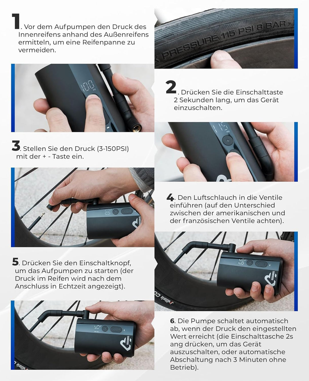 ROCKBROS Fahrradpumpe Mini Elektrische Akku Luftpumpe 5000mAh, 150PSI mit LCD-Bildschirm LED Druckse