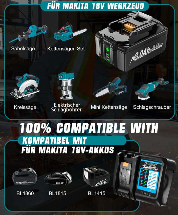 2 Stück 18V 8000mAh Ersatzakku für Makita 18V 8.0Ah Akku Li-ion BL1850 BL1850B BL1830 BL1860B BL1845