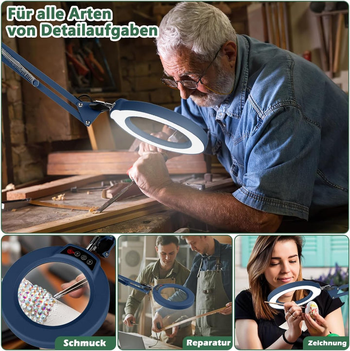 10X Lupe mit Licht und Ständer, Echter Glaslinse 2-in-1 Lupenlampe und Klemme, LED Beleuchtete Lupe