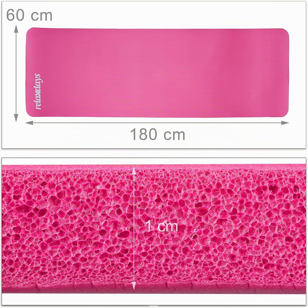 Relaxdays Yogamatte, 1 cm dick, für Pilates, Fitness, gelenkschonend, mit Tragegurt, Gymnastikmatte