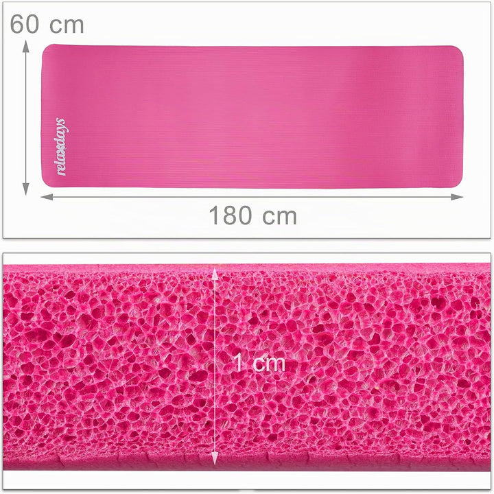 Relaxdays Yogamatte, 1 cm dick, für Pilates, Fitness, gelenkschonend, mit Tragegurt, Gymnastikmatte