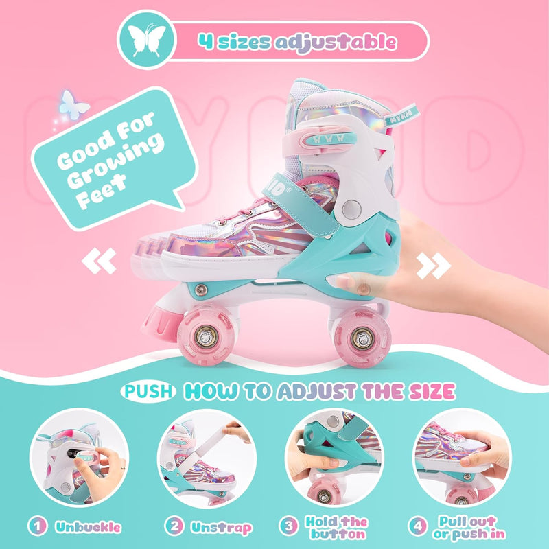 Rollschuhe Kinder,4 verstellbare Grössen,Stabile und Sichere 3-Punkt-Konstruktion,Mädchen-Rollschuhe