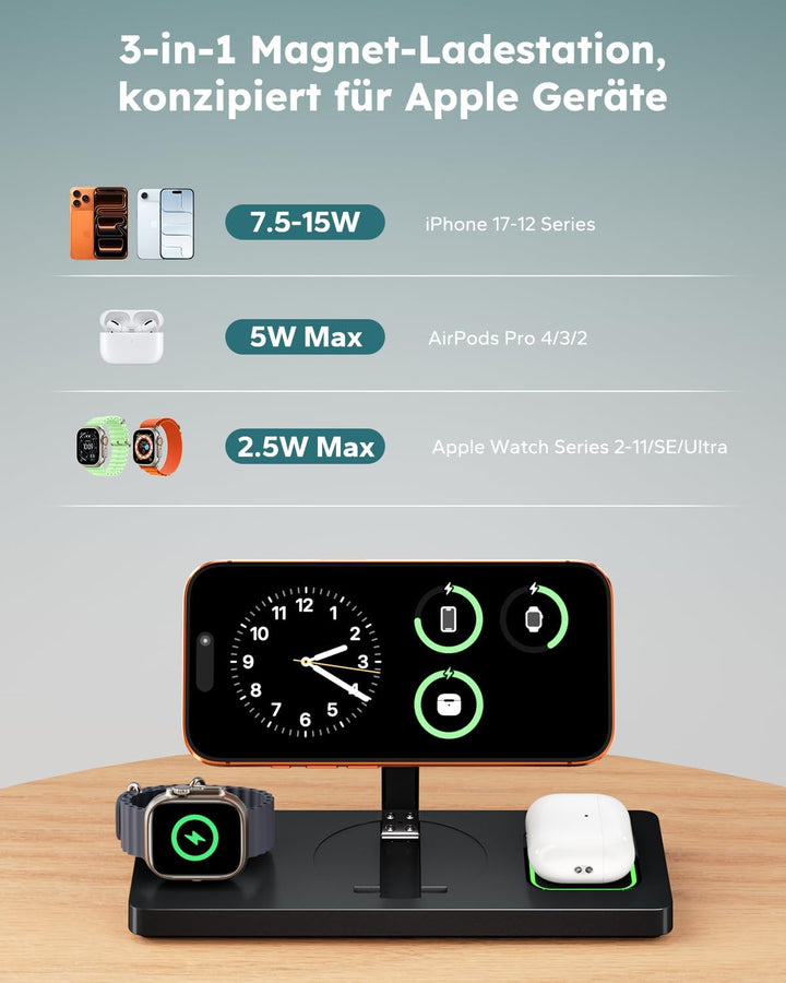 3 in 1 MagSafe Ladestation iPhone Apple Watch, Faltbar Induktive Ladestation Kompatibel mit MagSafe