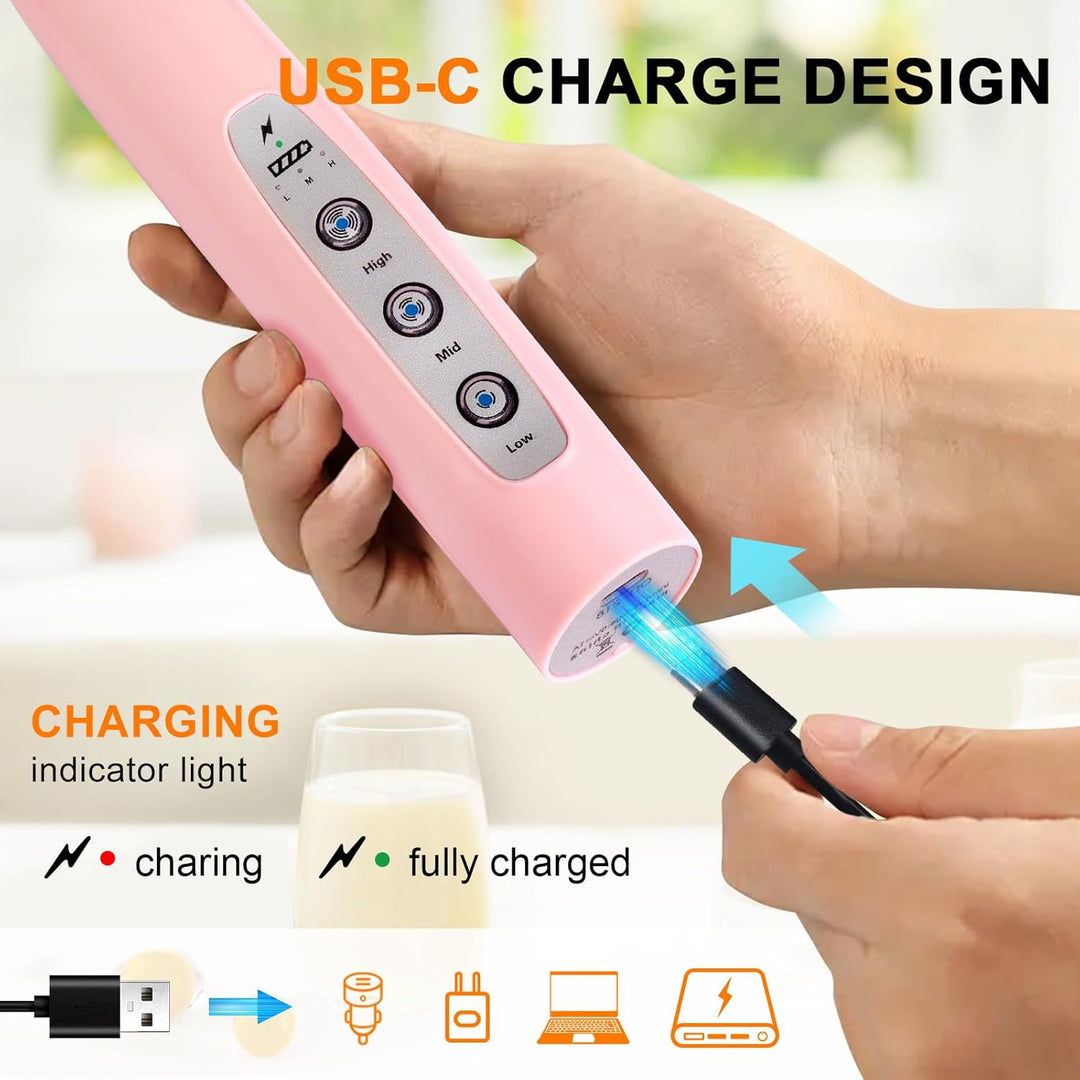 Milchaufschäumer, Handgerät, mit 3 Köpfen, USB wiederaufladbar, 3 Geschwindigkeiten, Mini-Schneebese