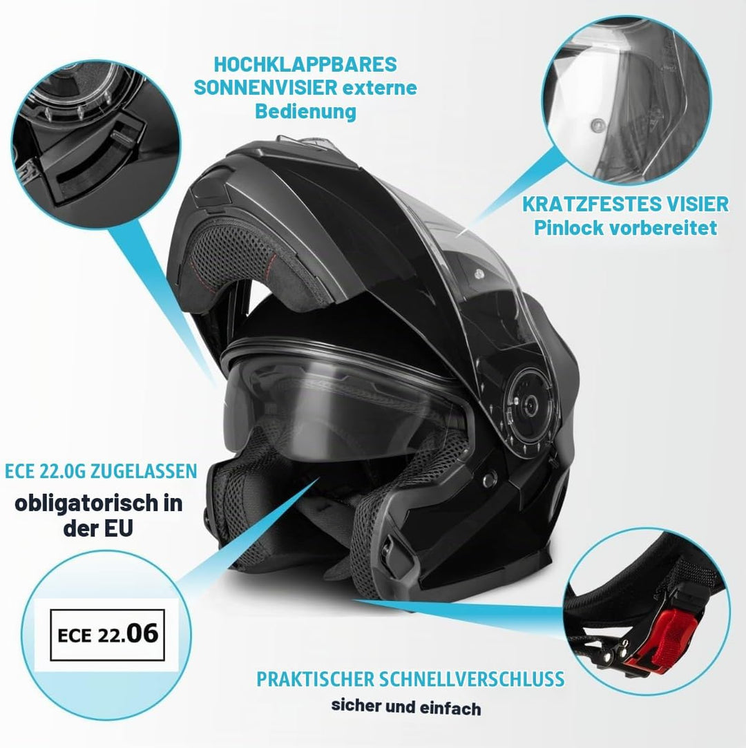 Santos Klapphelm mit Sonnenblende | ECE 22.06 &amp; PINLOCK vorbereitet | Motorrad Helm Integralhelm | M
