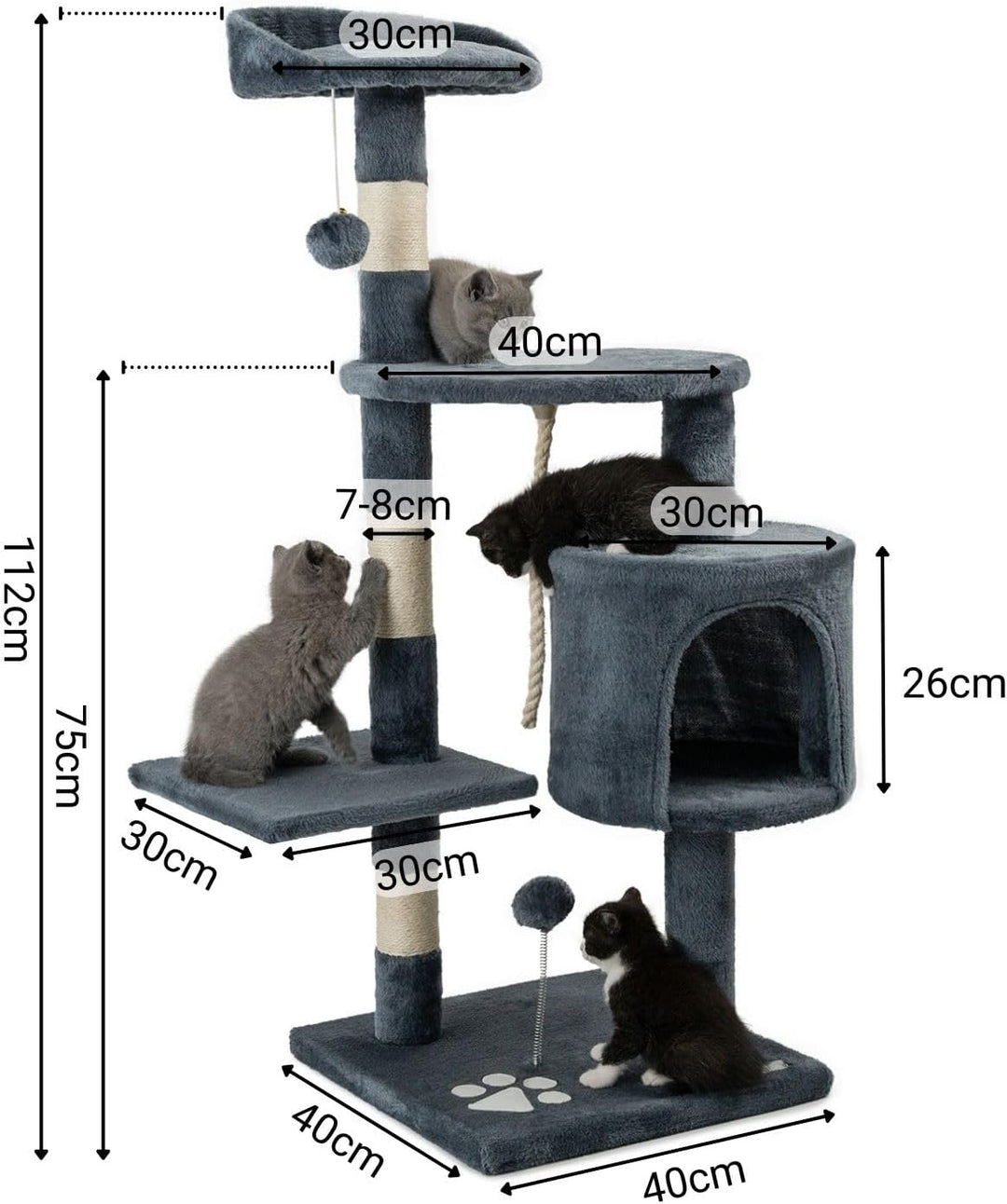 lionto Kratzbaum für Katzen mit 2 Plüschbällen & Spielseil, Höhe 112 cm, Katzenbaum mit Sisalseil &