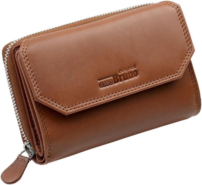 Damen Geldbörse Cognac gross Leder Geldbeutel mittelgross braun Damengeldbörse viele Fächer Portemon