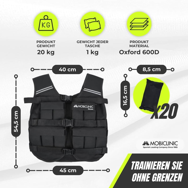 Mobiclinic®, Gewichtsweste, 10/20kg, Weighted vest, Verstellbar, Langlebig, 600D-Oxford-Gewebe, Inkl