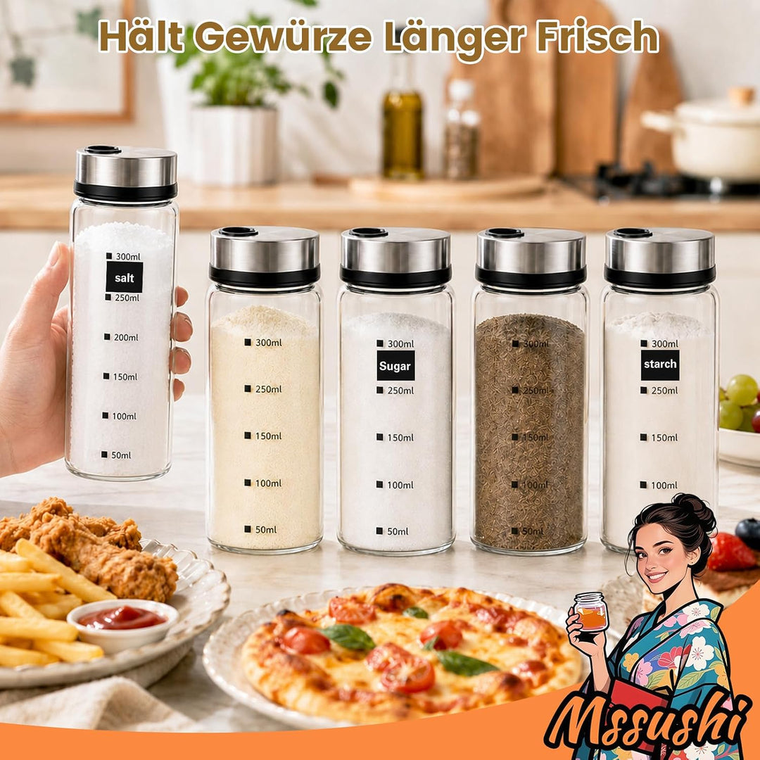 Mssushi 4er Set Salzstreuer Klein mit Drehdeckel 300ml | 10oz, Gewürzgläser Rund Glas Leer, 4 Lochgr