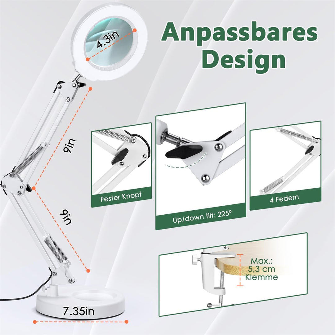 10X Lupe mit Licht und Ständer, Echter Glaslinse 2-in-1 Lupenlampe und Klemme, LED Beleuchtete Lupe