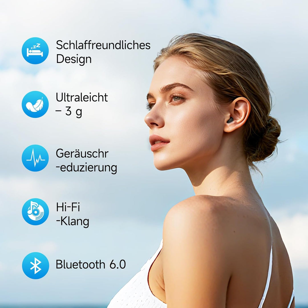Schlafkopfhörer Bluetooth 6.0 – Mini Kabellose Kopfhörer zum Schlafen, Komfortabel & Leicht, Lang an