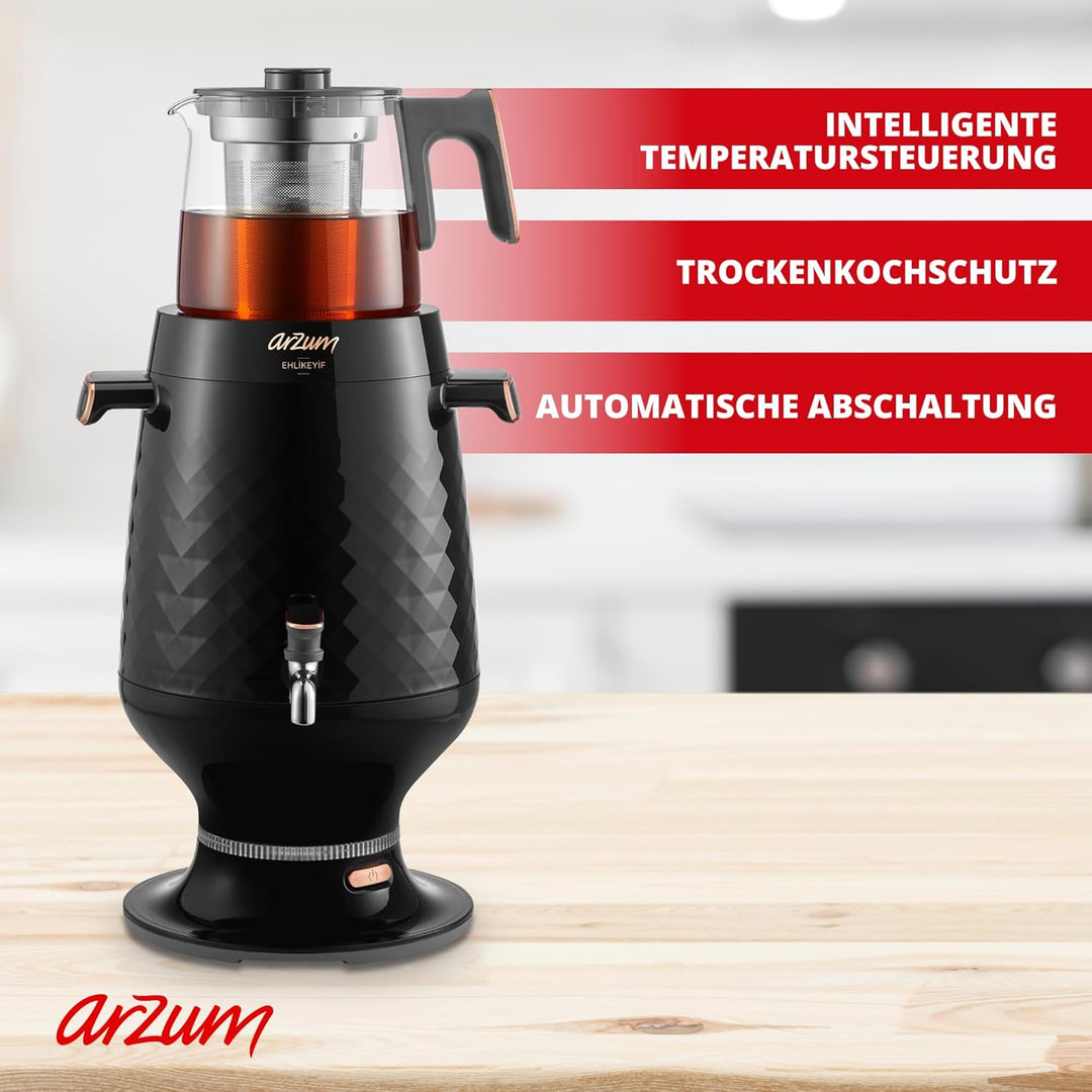 Arzum Ehlikeyf Tea Samovar, TEE MASCHINE, türkische Teekanne 2200 W, Wasserkocher mit 3,5 Liter Fass