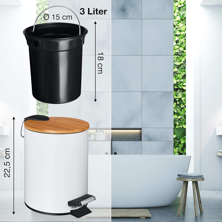VMbathrooms 3L Kosmetikeimer in edlem weissem Design | Tretmülleimer mit Absenkautomatik (Soft Close