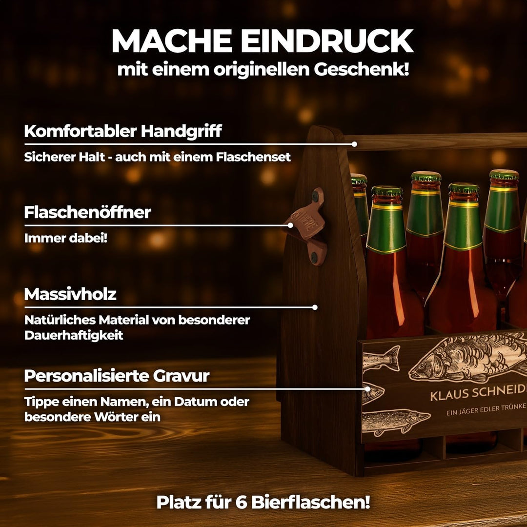 Murrano Bierträger für 6 Flaschen 0,5L mit Gravur - Männerhandtasche mit Flaschenöffner - Grösse: 25