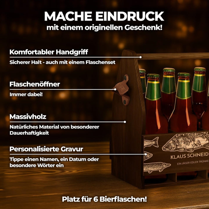 Murrano Bierträger für 6 Flaschen 0,5L mit Gravur - Männerhandtasche mit Flaschenöffner - Grösse: 25