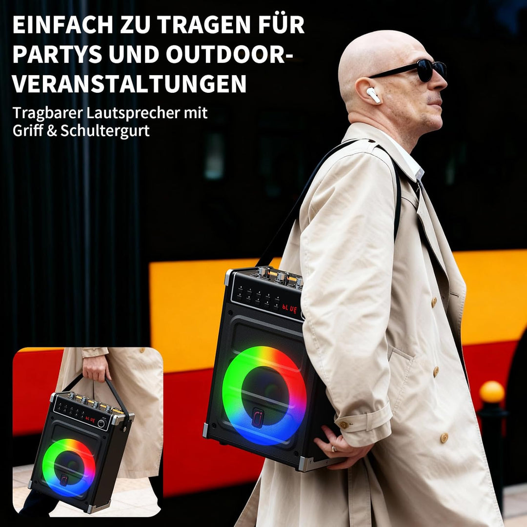JYX Karaoke-Maschine mit 2 UHF-Funkmikrofonen, Bluetooth-Lautsprecher mit Bass-/Höhen-Einstellung un
