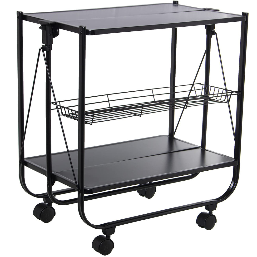 DRW Faltbarer Servierwagen mit Metallrädern in Schwarz, 70 x 40 x 68 cm