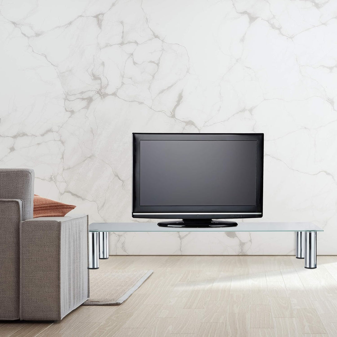 Relaxdays, weiss/Silber TV-Tisch Glas, verchromte Metallbeine, Bildschirmerhöhung, rechteckig, Glasa