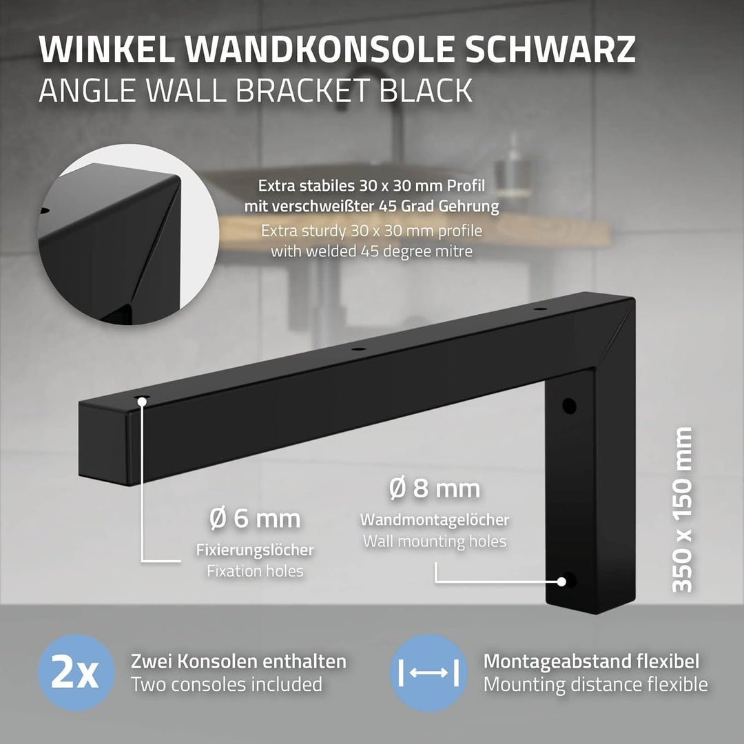 ML-Design 2er Set Wandkonsole Winkel L-Form für Waschtisch, 350x150 mm Schwarz Stahl, Design Waschti