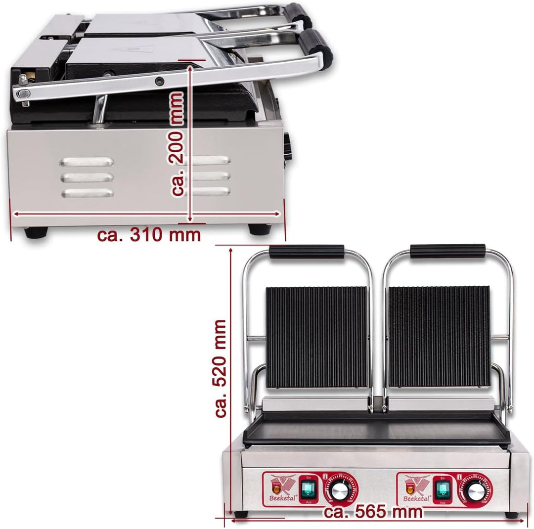 Beeketal 'BKG8' Gastro Doppelt Kontaktgrill mit Gusseisen Grillpatten (oben gerillt unten glatt) mit