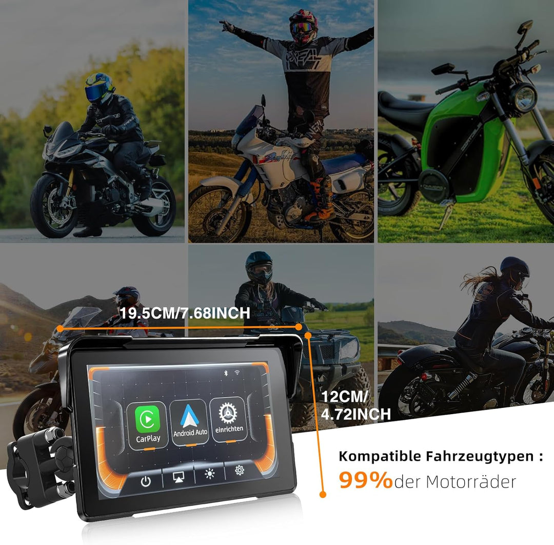 7 Zoll Motorrad Display mit Wireless CarPlay & Android Auto, 1000 Nits Helles Motorrad Navi Touchscr