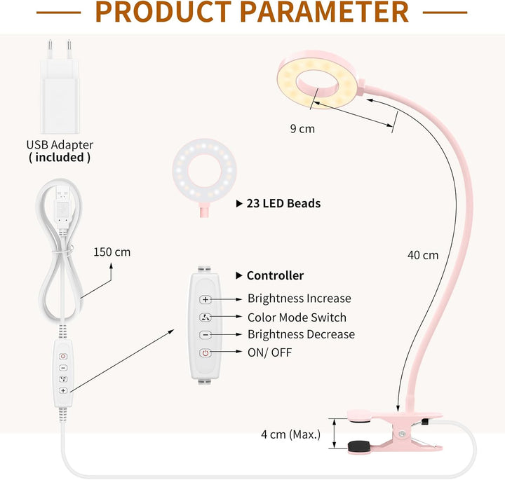 iZELL 23 LED Leselampe Bett Dimmbar -【3 Modi & 10 Helligkeitsstufen】 Augenschutz Klemmlampe mit 40cm