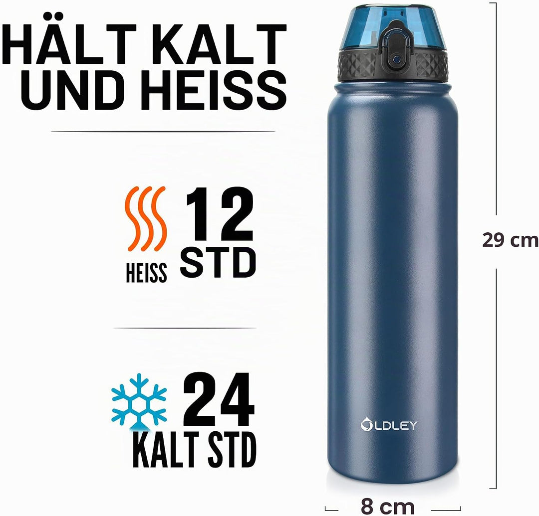 OLDLEY Edelstahl Trinkflasche mit Strohhalm 1L Isolierte flasche mit 3 Deckel Grosse Thermosflasche