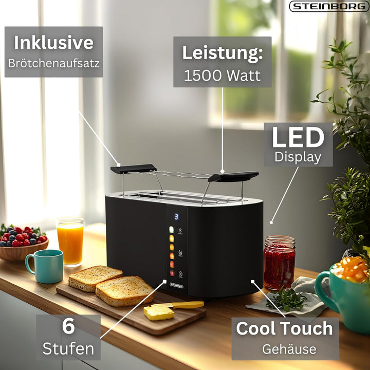 Steinborg® Automatik Toaster 4 Scheiben mit Brötchenaufsatz Langschlitztoaster Automatische Liftfunk