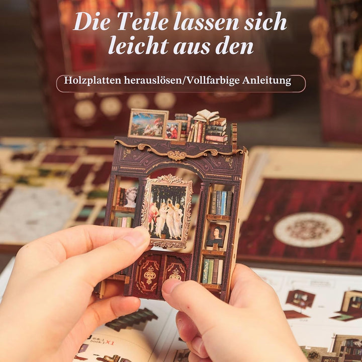 Fsolis DIY Book Nook,Puppenhaus Miniatur Haus Kit mit Holz Möbeln und LED-Licht,Bücherecke Bücherreg