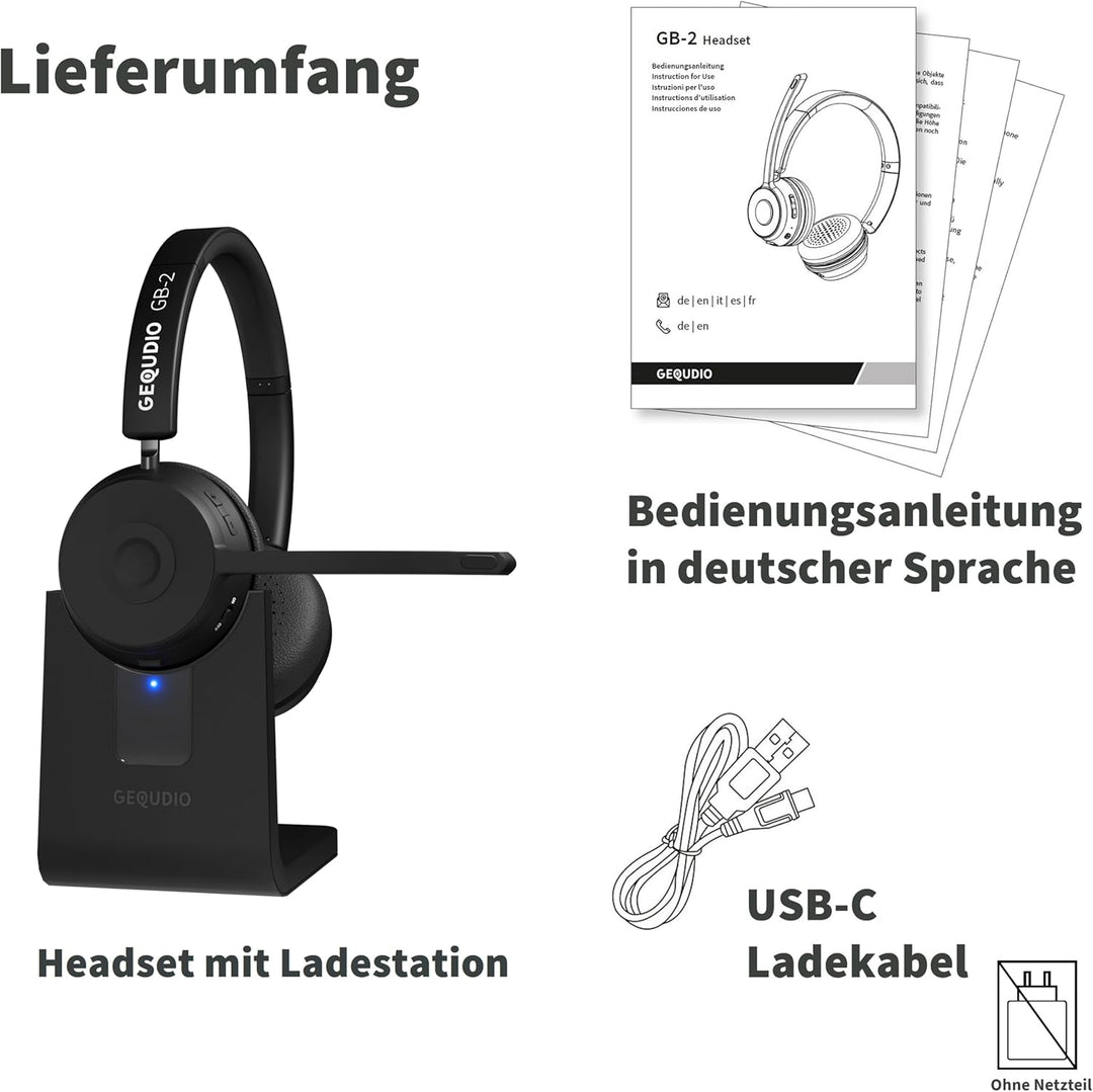 GEQUDIO GB-2 Headset mit Mikrofon Bluetooth | Kopfhörer Kabellos | Passives Noise Cancelling | 2 Ger