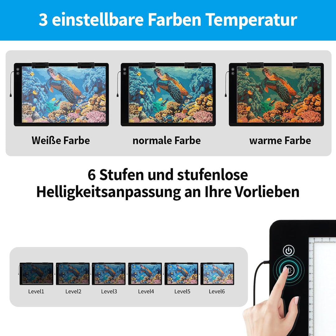Wiederaufladbares A2 leuchttisch,3-Farben-Lichteinstellung, diamond painting Lichtplatten, 6-stufige